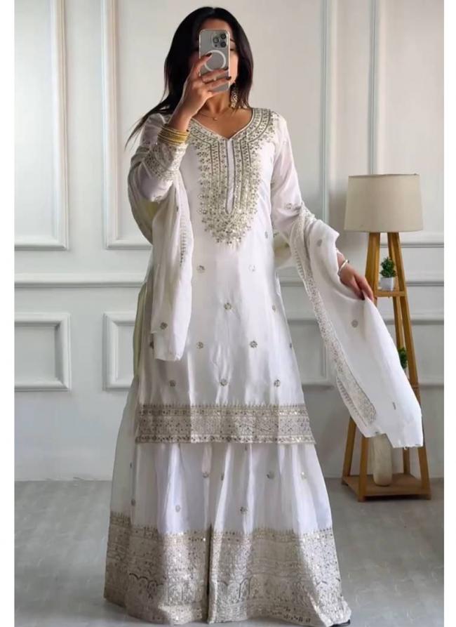 Chinnon Silk White Ceremonial Wear Sequins Work Readymade Sharara Suit